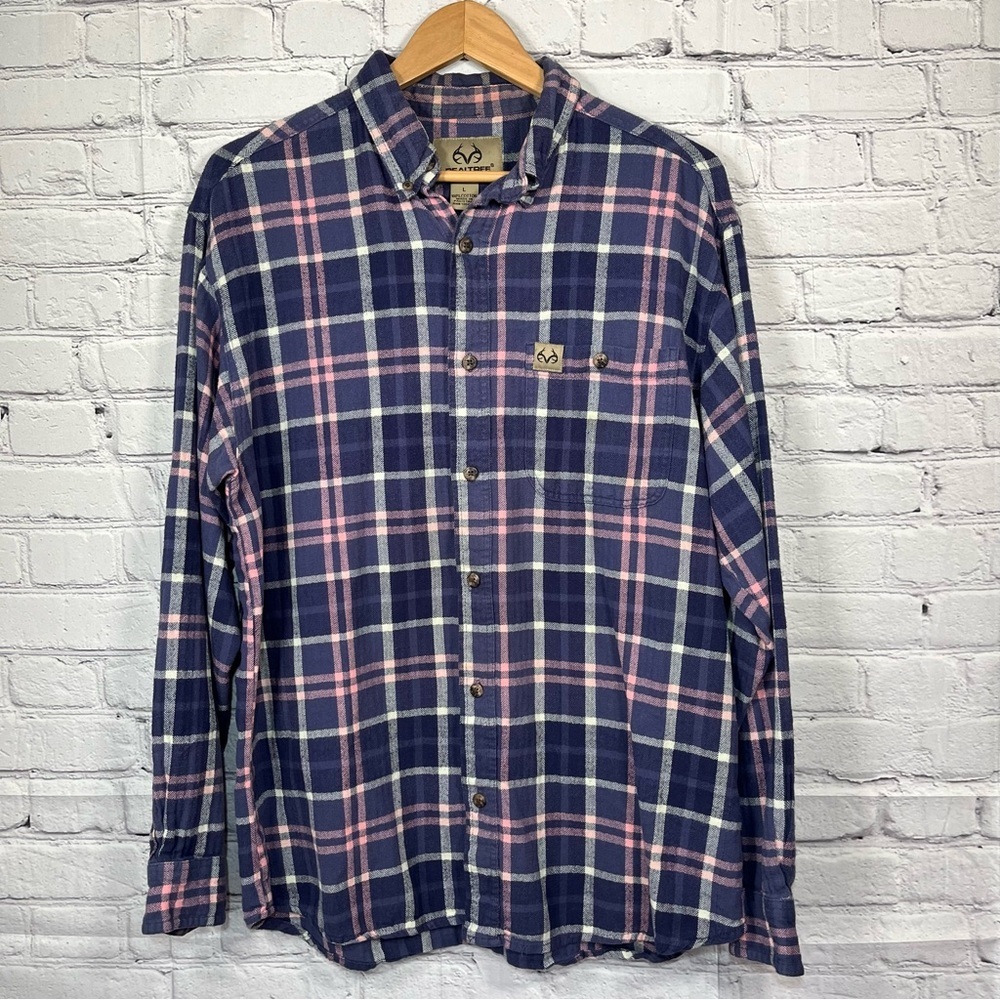 Realtree Plaid Flannel Shirt Mens Size Large Blue Long Sleeved Button Up